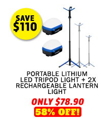 Portable Lithium LED Tripod Light + 2x Rechargeable Lantern Light