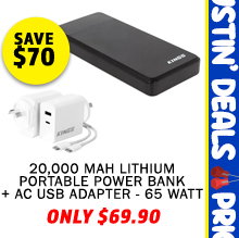 20000 mAH Lithium Portable Power Bank + AC USB Adapter - 65 Watt
