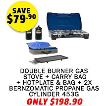 Double Burner Gas Stove + Double Burner Carry Bag + Hotplate and Bag + 2x Propane Gas Cylinder 453G