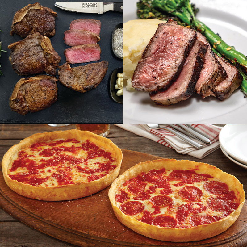 Image of 2 Gibsons 14oz. GGA New York Strips, 2 Gibsons 12oz. GGA Bone-In Filets & 2 Lou's Pizzas