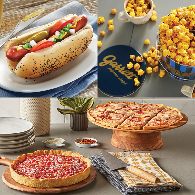 Image of Garrett Popcorn Classic Tin, Vienna Beef Hot Dog Kit, 2 Lou's Thin Crust Pizzas & 1 Deep Dish Pizza