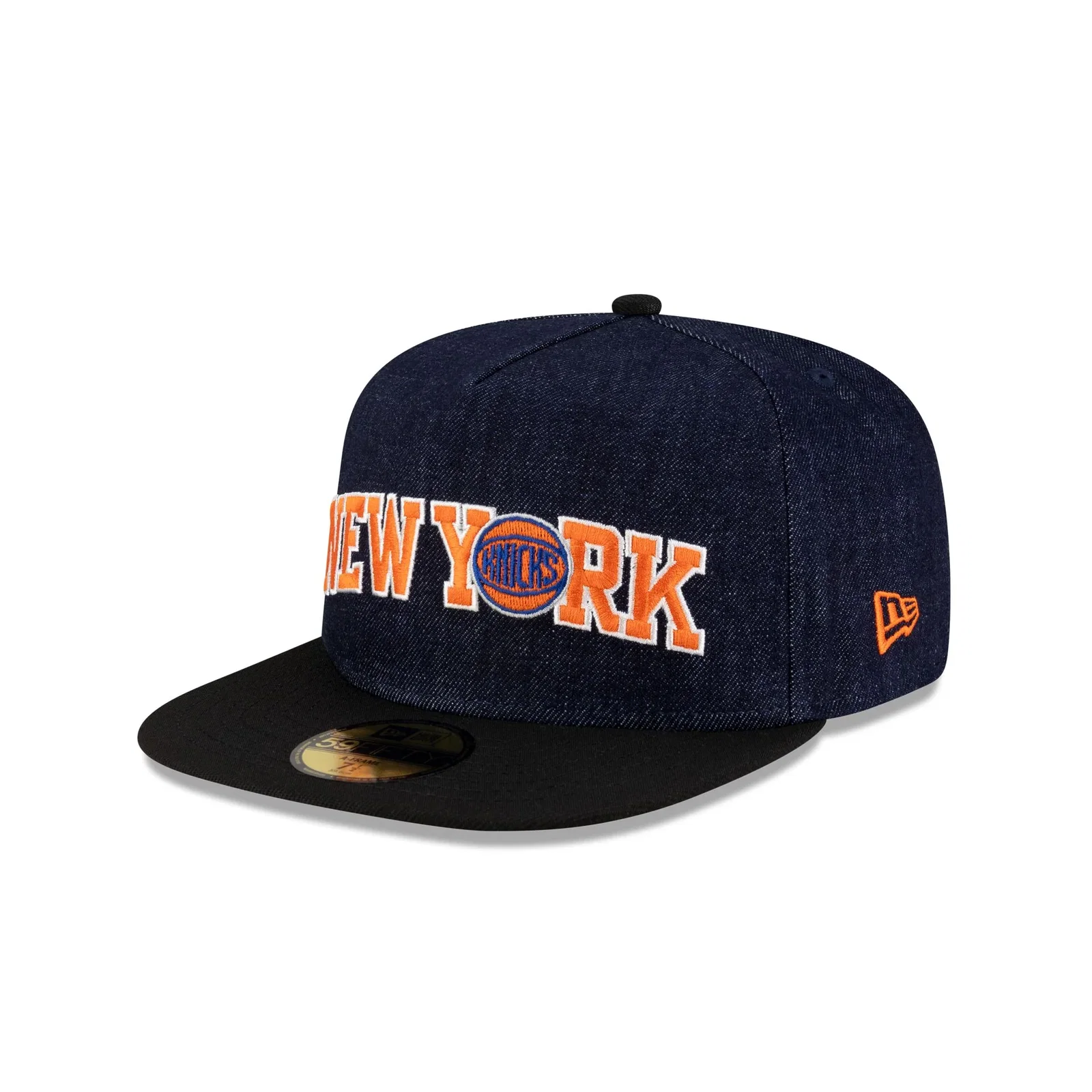 Image of New York Knicks Navy Denim 59FIFTY A-Frame Fitted Hat
