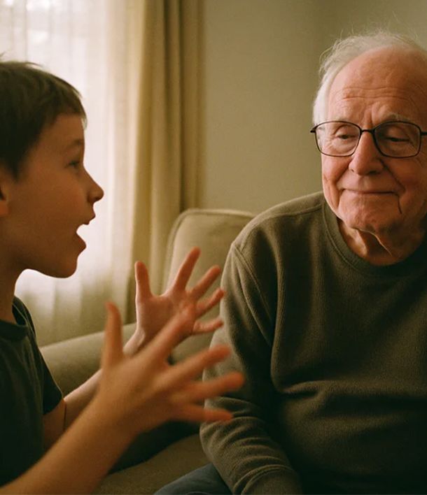 Grandson talking to grandfather