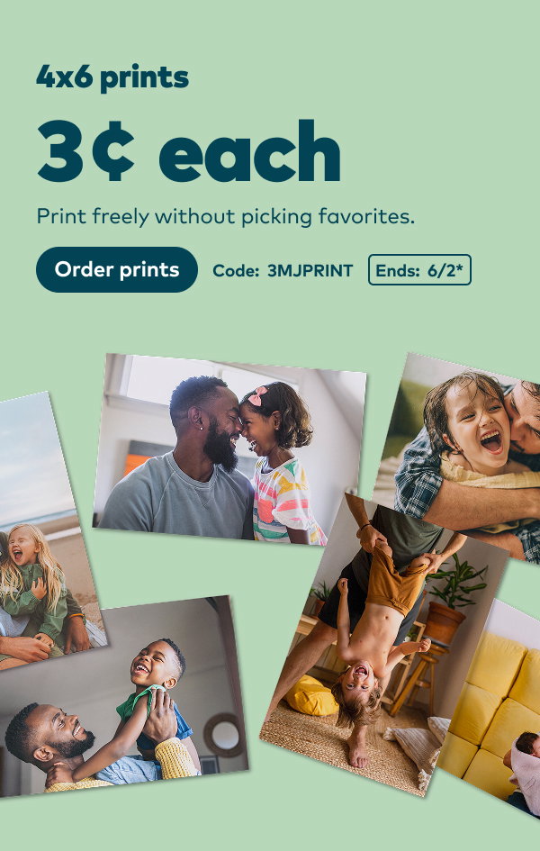 4x6 prints 3 cents each. Code: 3MJPRINT. Ends: 6/2, see site for details. Order prints.