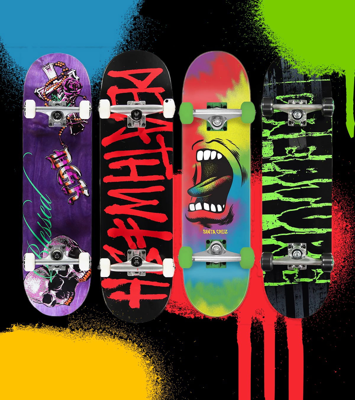Shop skate completes, including styles from Santa Cruz, Deathwish and more