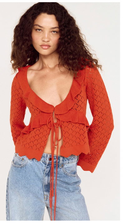 Burnt Orange Pointelle Tie Front Top