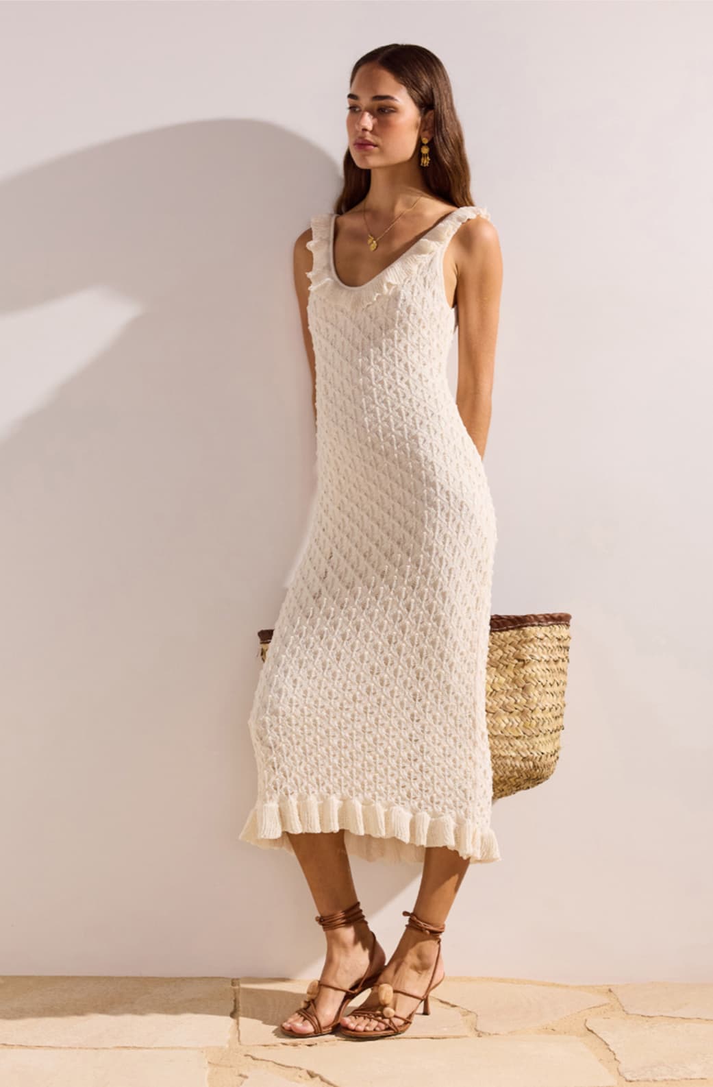 White Pointelle Knit Midi Dress