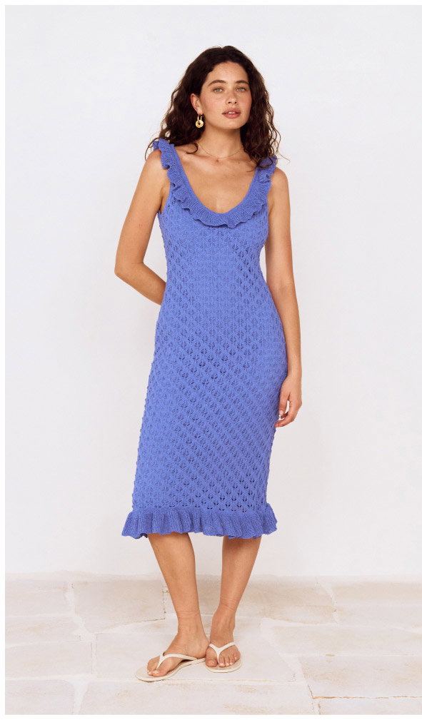 Cobalt Blue Pointelle Midi Dress with Frill Detail