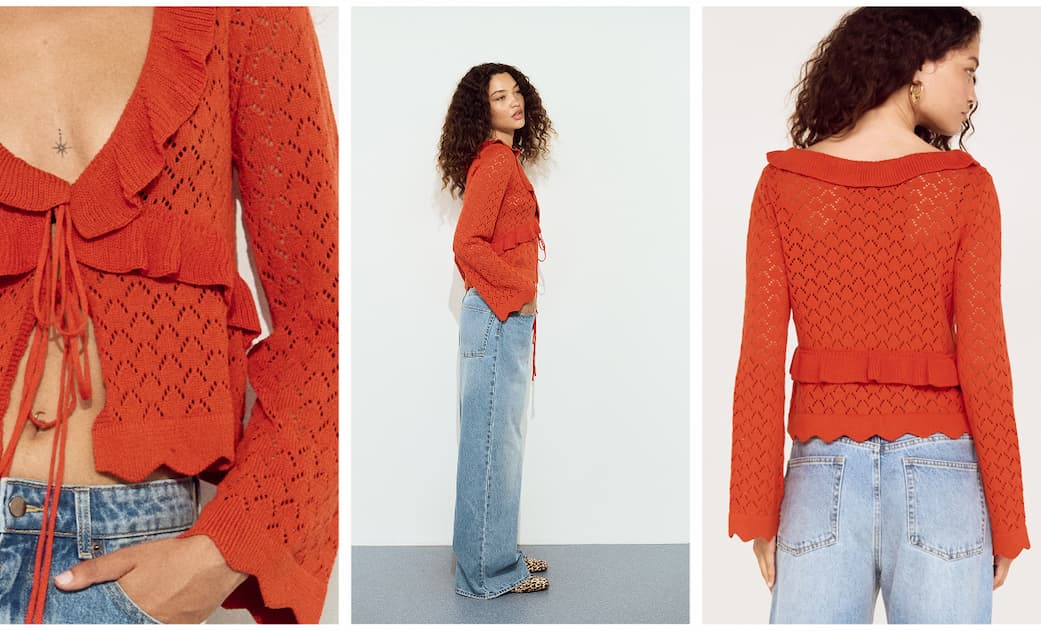 Burnt Orange Pointelle Tie Front Top
