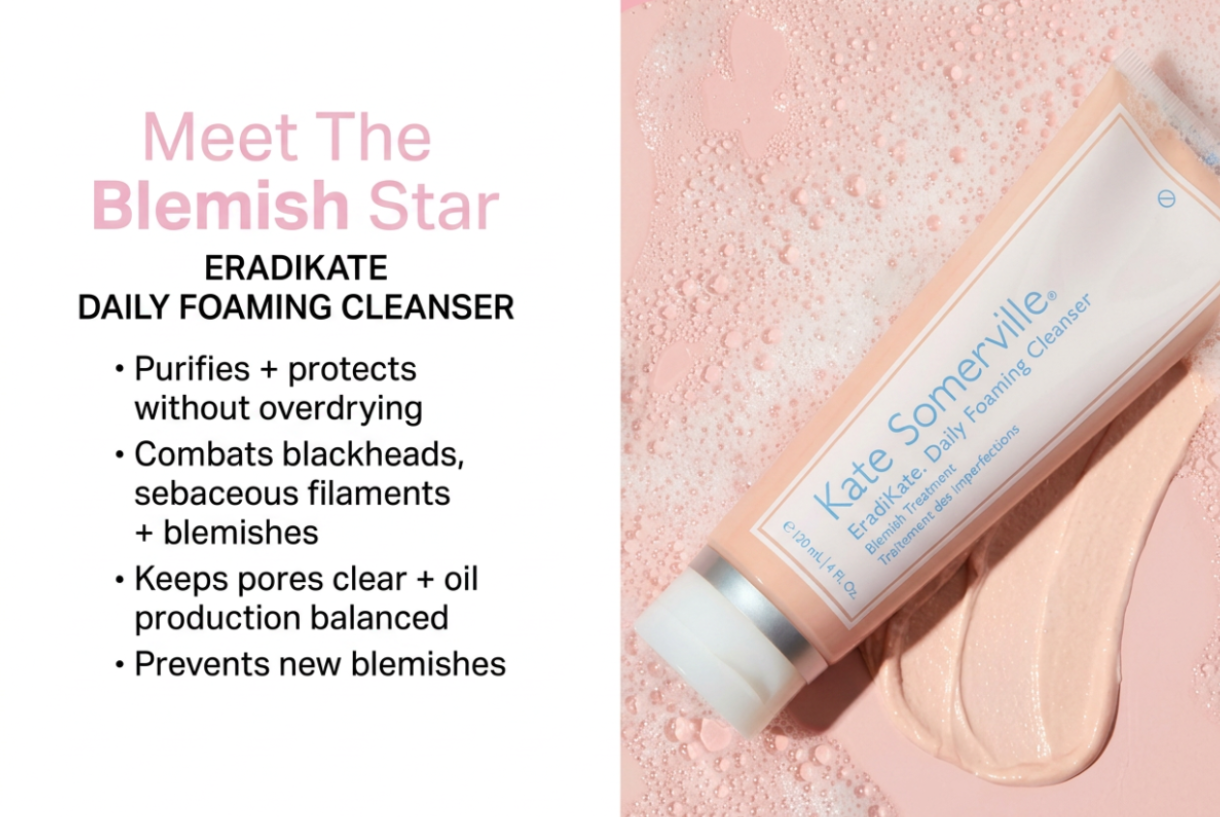 Meet The Breakout Star | ERADIKATE DAILY FOAMING CLEANSER | Purifies + protects without overdrying, Combats blackheads, sebaceous filaments + blemishes, Keeps pores clear + oil production balanced, Prevents new breakouts