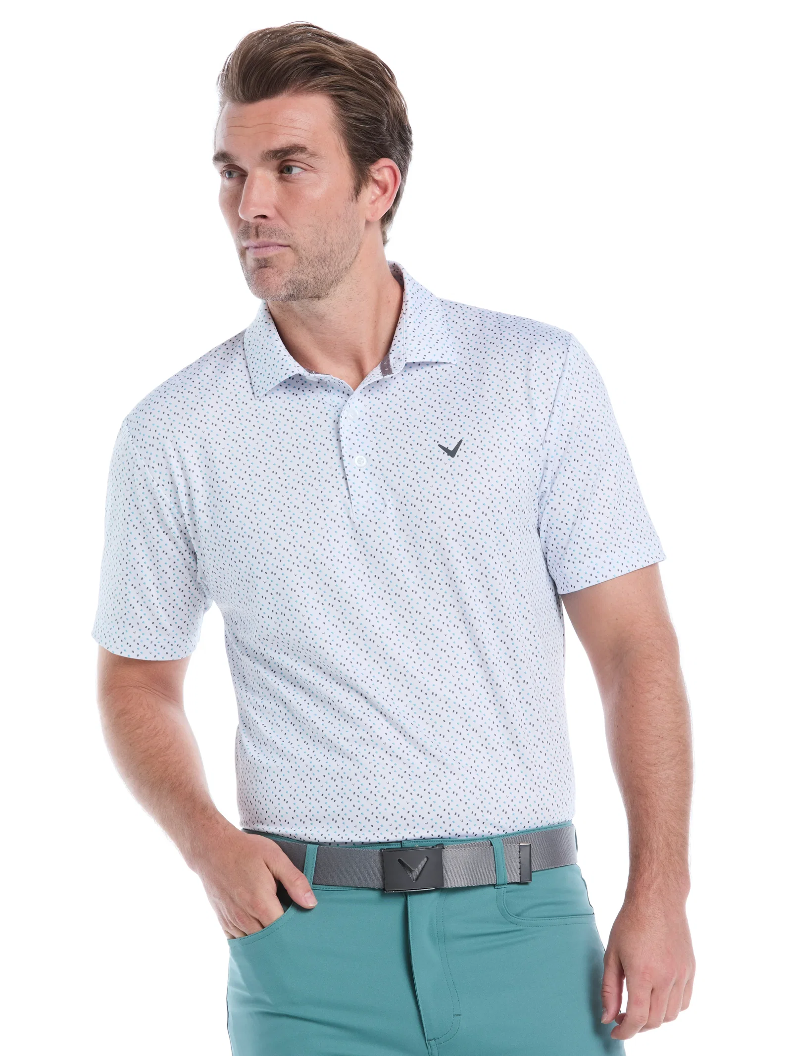 Image of Mens All-Over Score Card Print Golf Polo