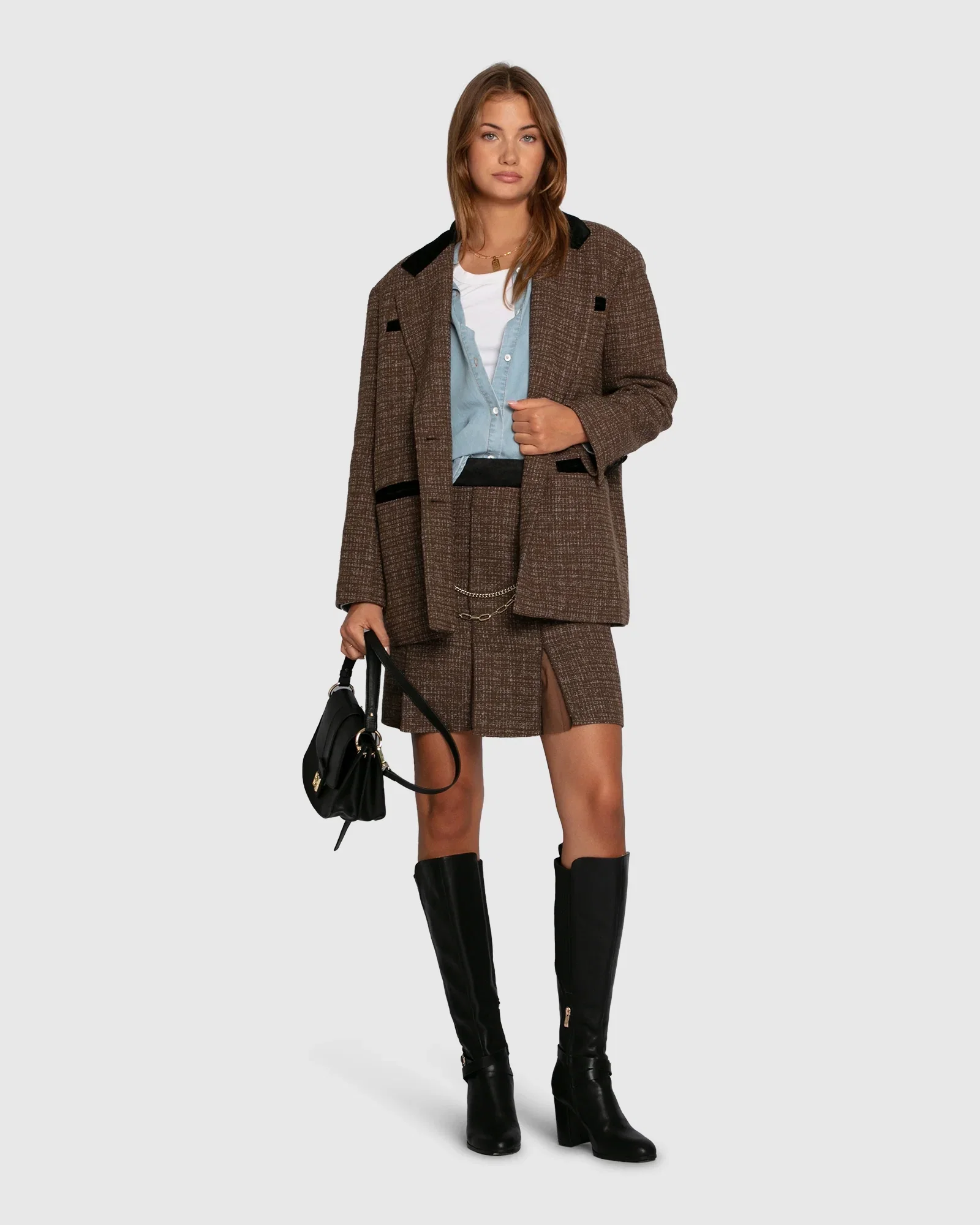 Image of City Noir Tweed Oversized Blazer - Dark Khaki