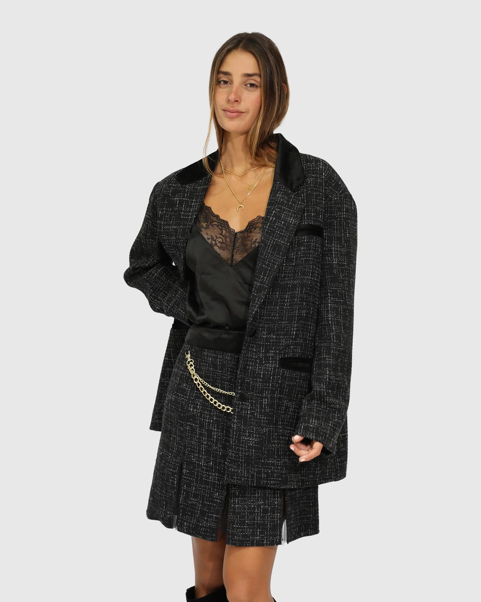Image of City Noir Tweed Oversized Blazer - Black