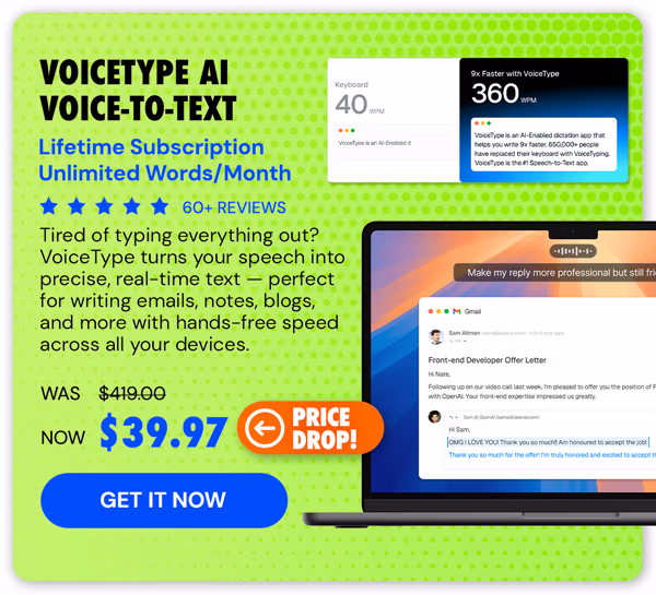 VoiceType AI Voice-to-Text: Lifetime Subscription (Unlimited Words/Month)