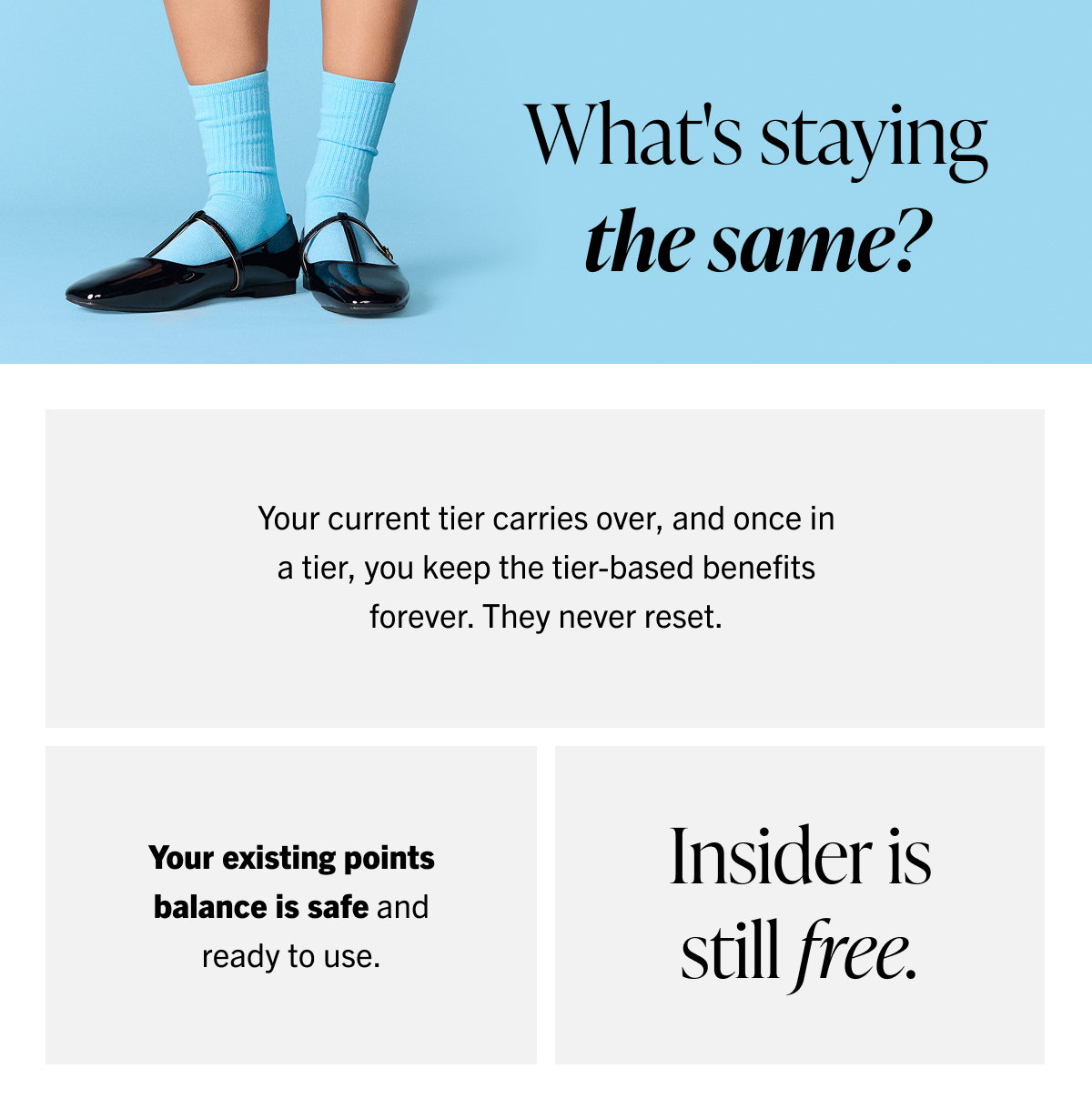 What's staying the same? Your current tier carries over, and once in a tier, you keep the tier-based benefits forever. They never reset. Your existing points balance is safe and ready to use. Insider is still free.