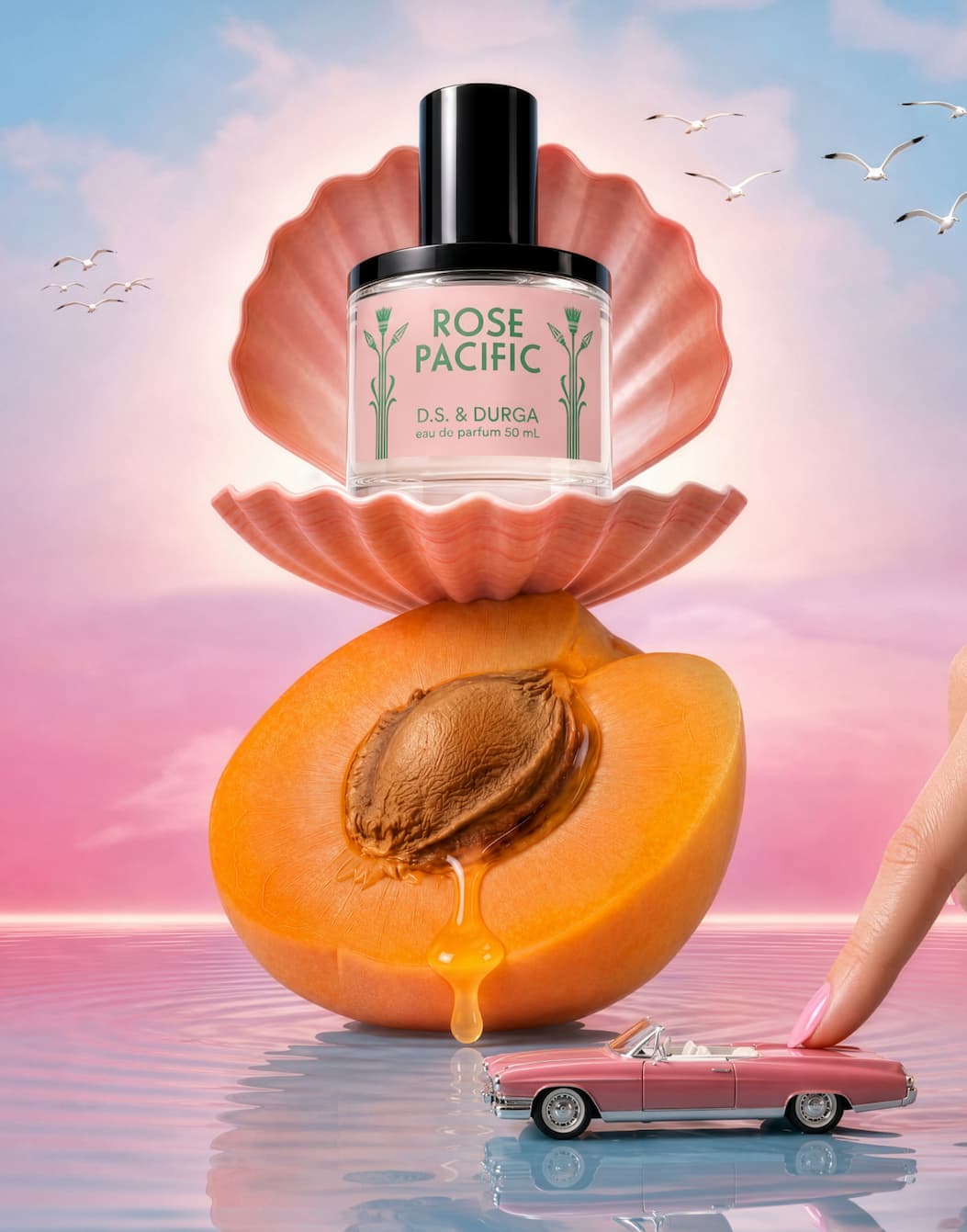 image of perfume bottle with clamshell and peach