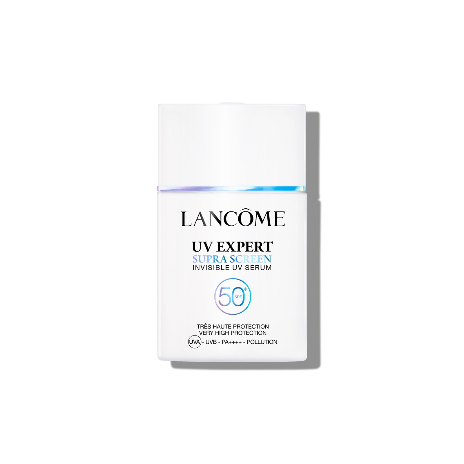 Siero solare Lancôme UV Expert Supra Screen SPF 50+ in flacone bianco con dettaglio olografico