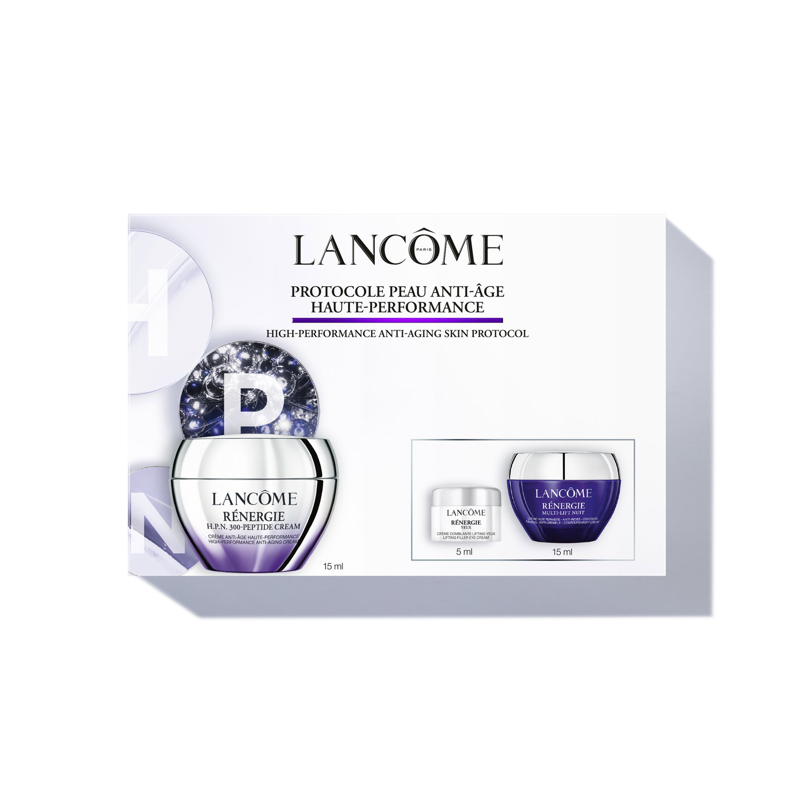 Cofanetto Lancôme Rénergie Starter Set. Mostra i tre prodotti del set anti-età su sfondo bianco.