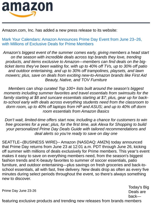 Amazon - Mark Your Calendars: Amazon Announces Prime Day Event from June 23–26, with Millions of Exclusive Deals for Prime Members