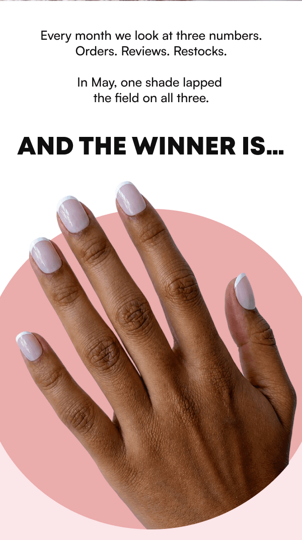 Text explaining monthly tracking of three metrics with hand displaying light purple-pink manicured nails
