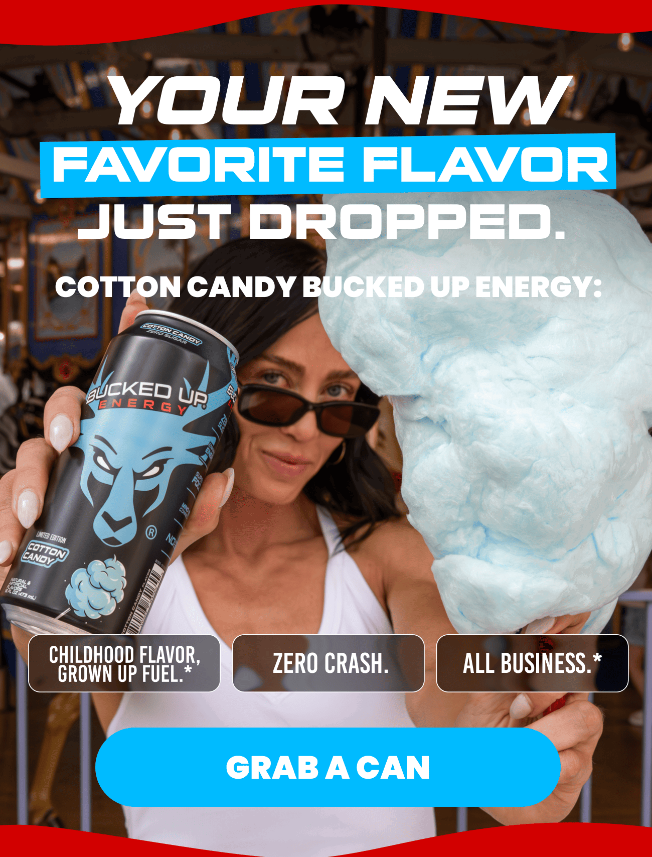 Bucked Up Energy Cotton Candy limited edition can — childhood flavor grown up fuel, zero crash, all business