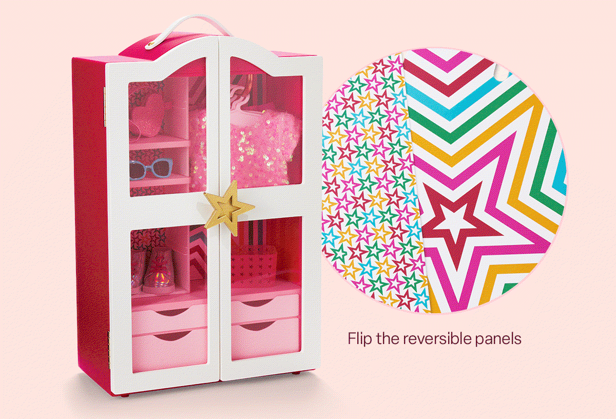 Flip the reversible panels Add stickers to personalize Exclusive outfit and accessories Explore the new closet