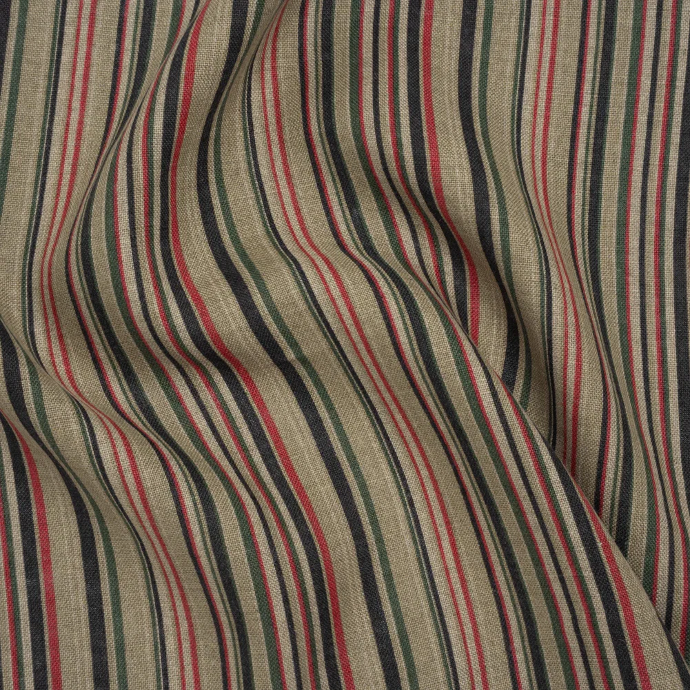 Image of Medium Weight Linen Woven Print - Red, Green and Black Barcode Stripes on Oatmeal