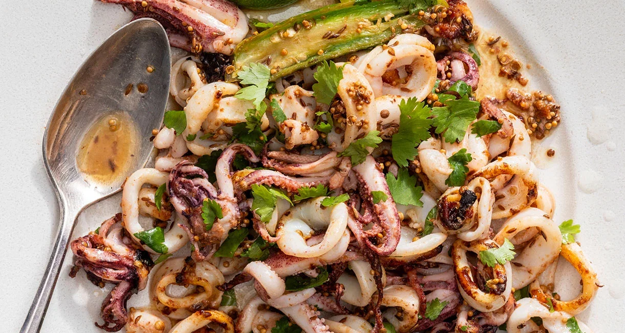 Pan-Seared Squid with Serrano Chile, Whole Spices, and Lime