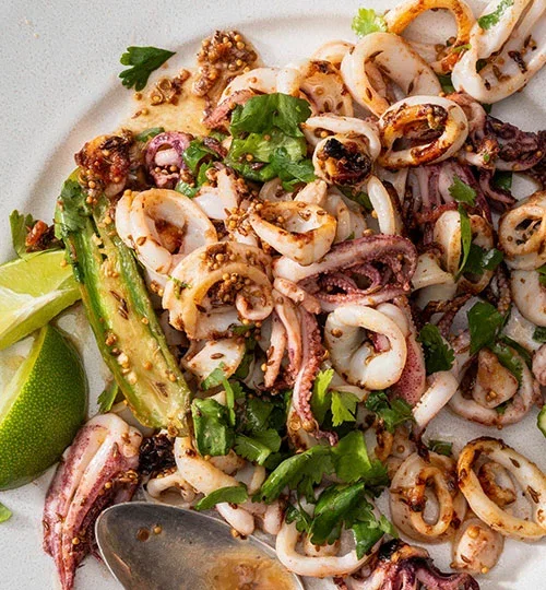 Pan-Seared Squid with Serrano Chile, Whole Spices, and Lime