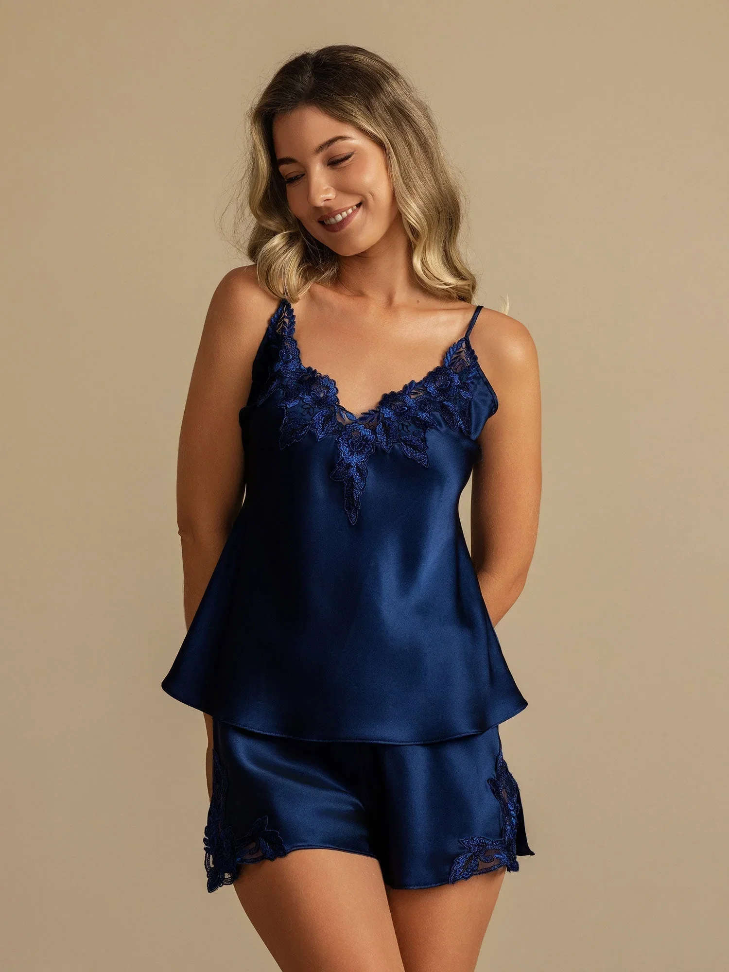 100% Moerbeizijde V-Hals Camisole Set Met Kant