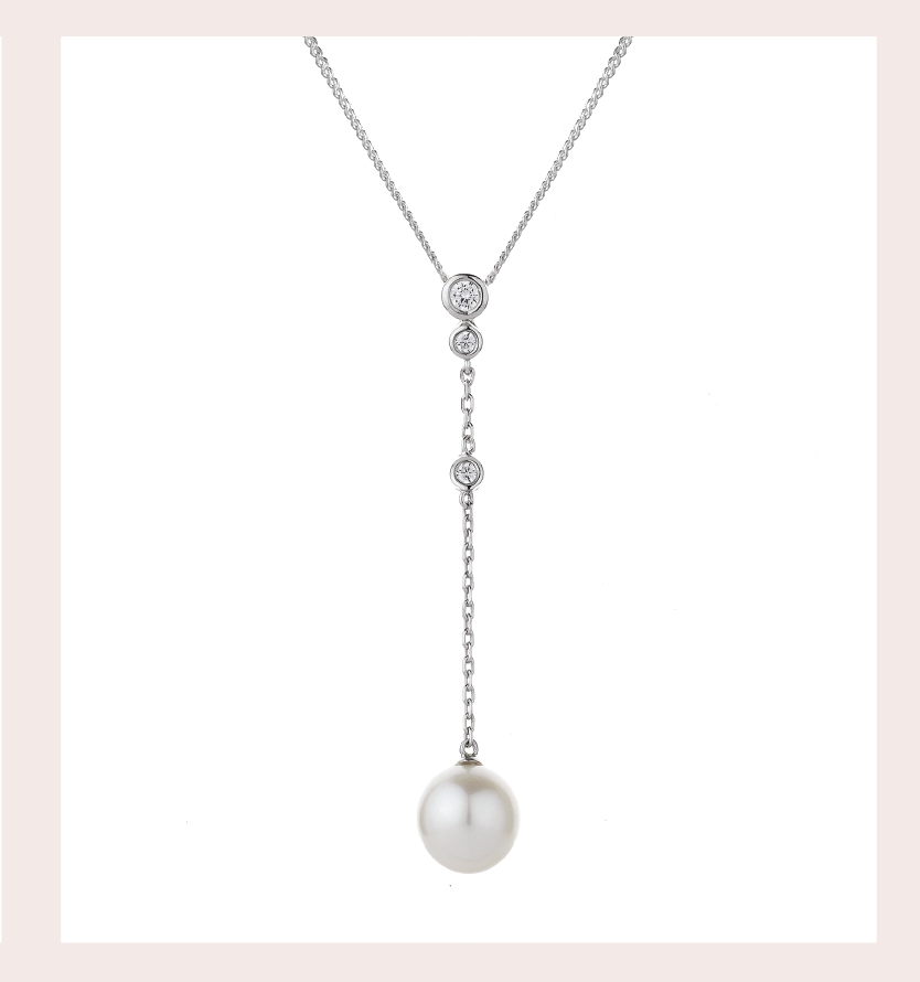 9ct White Gold Pearl And Diamond 0.08ct Long Drop Pendant