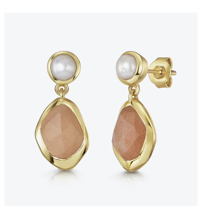 18ct Yellow Gold Vermeil Peach Moonstone & Pearl Earrings
