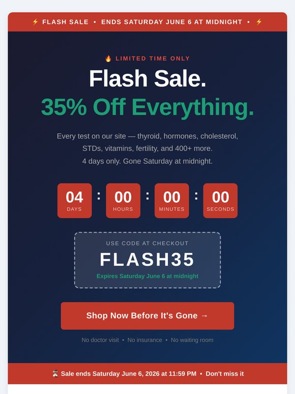 FLASH SALE — 35% OFF LAB TESTS ENDS SATURDAY JUNE 6 AT MIDNIGHT