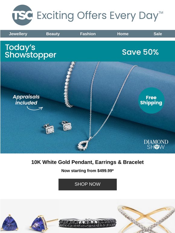 Diamond Show 10K White Gold Pendant, Earrings & Bracelet