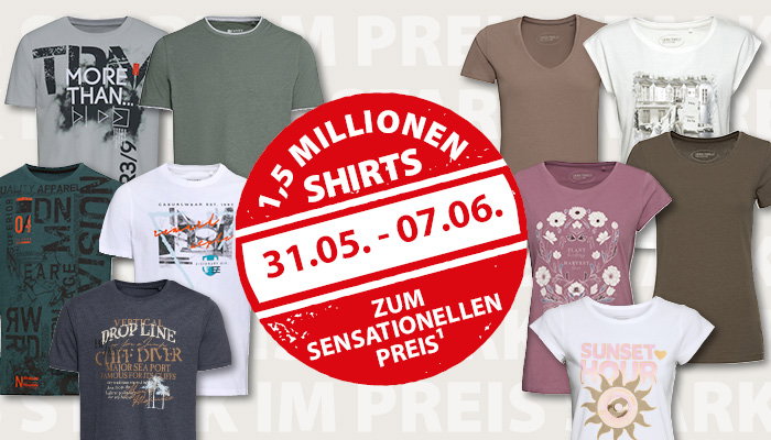 T-Shirt, verschiedene Farben und Muster, Produktansicht, Vorderansicht