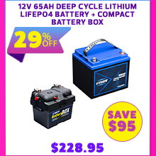 12V 65Ah Deep Cycle Lithium LiFePO4 Battery + Compact Battery Box