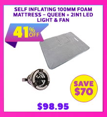 Self Inflating 100mm Foam Mattress - Queen + 2in1 LED Light & Fan