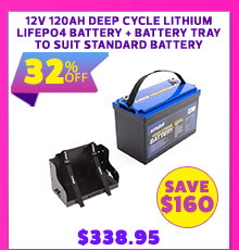 12V 120Ah Deep Cycle Lithium LiFePO4 Battery + Battery Tray To Suit Standard Battery