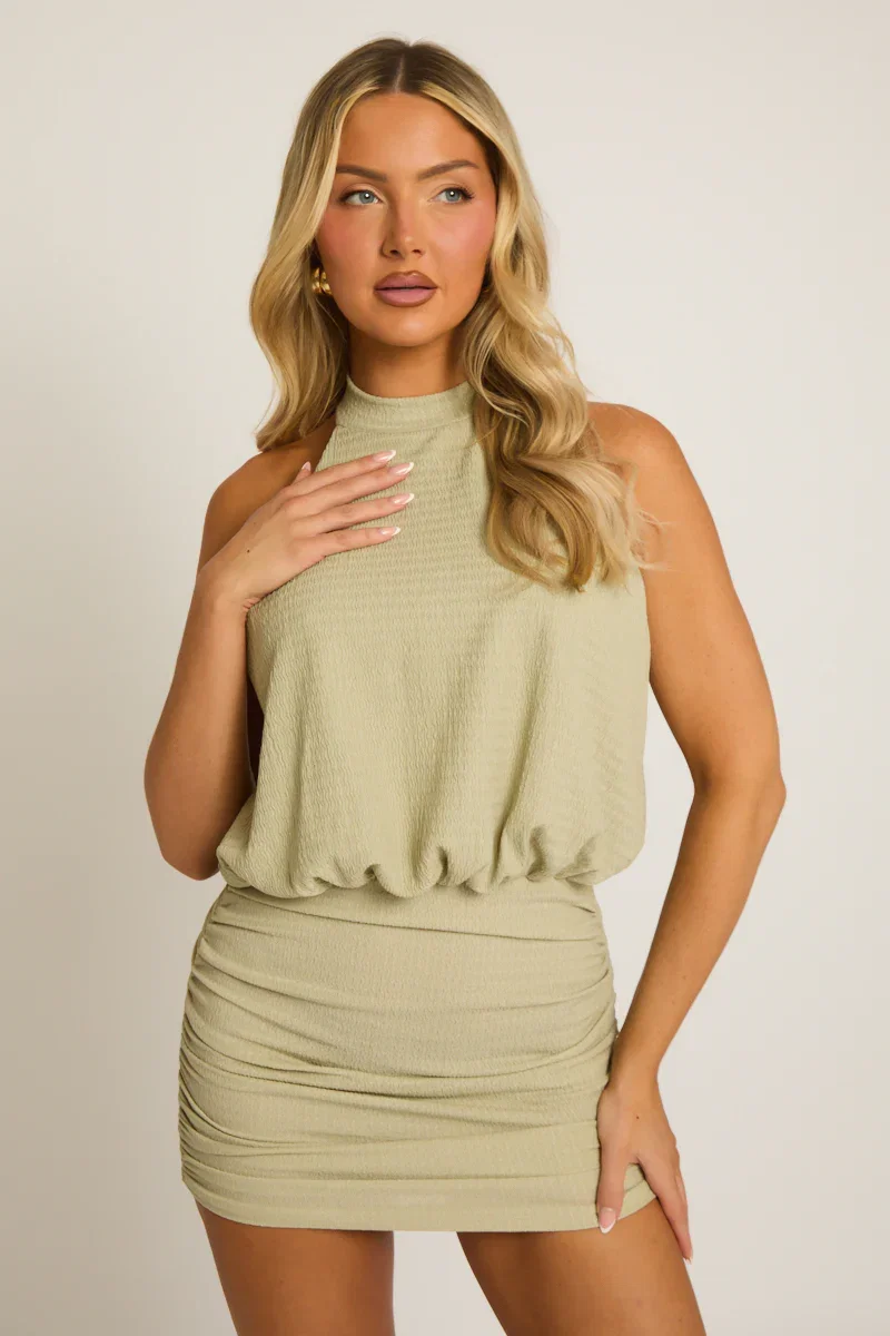 Image of Sage Textured Halter Blouson Mini Dress - Cardy