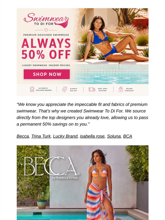"We're open 🌊 Premium swimwear, always 50% off"