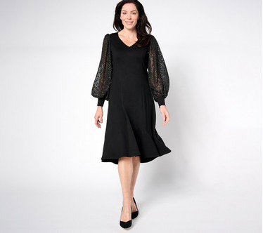 Dennis Basso Regular Ponte Dress with Metallic Accent Sleeves
