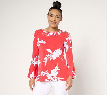 Dennis Basso Printed Caviar Crepe Top with Bell Sleeve