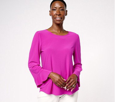 Dennis Basso Caviar Crepe Knit Top with Ruffle Sleeve Detail