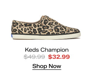 A side view of the Keds Champion Round Toe Leopard Slip-On in Cuban sand/black which was $49.99 and is now $32.99 for a limited time. Shop Now.