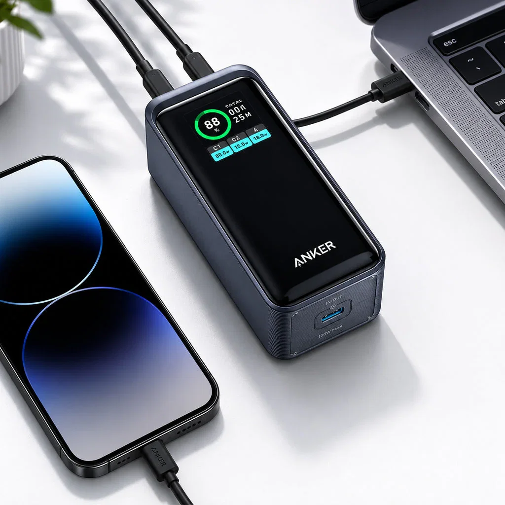 Anker power bank with digital display charging a smartphone and laptop simultaneously on white desk