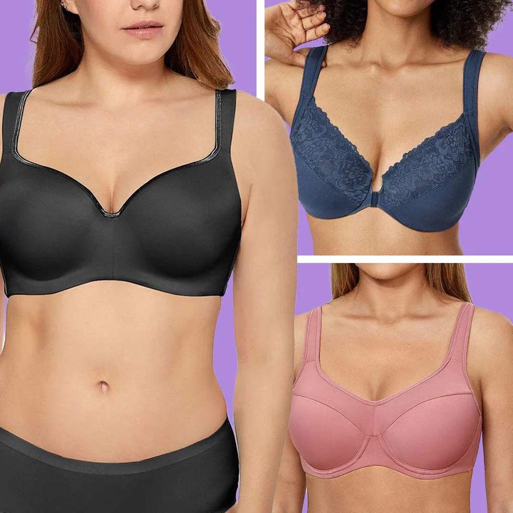 Three women modeling bras from Delimira's newest collection in black, navy, and pink against a purple background.