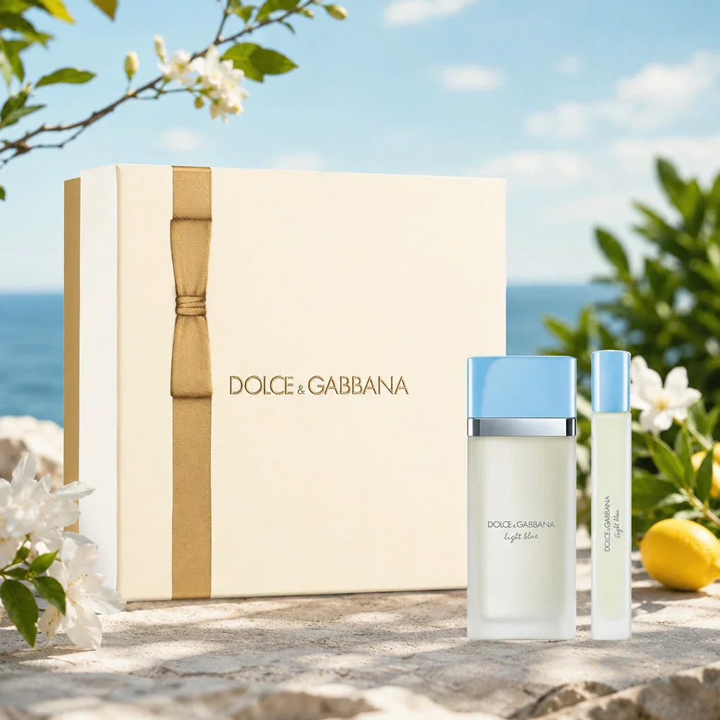 Dolce & Gabbana Light Blue fragrance gift set displayed on a sunny beach with white flowers and ocean backdrop.