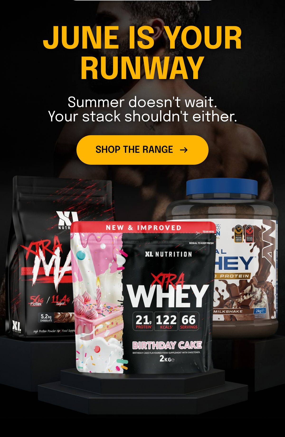 Xl Nutrition products including Xtra Whey and protein jars with a birthday cake flavor.