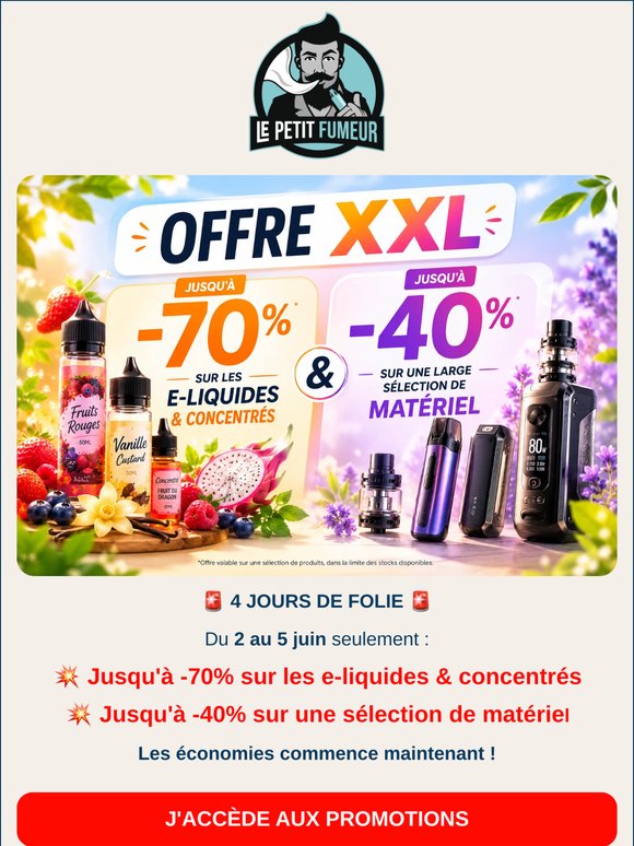 💥 La vente flash est ouverte: -70% e-liquides & concentrés, -40% matériel