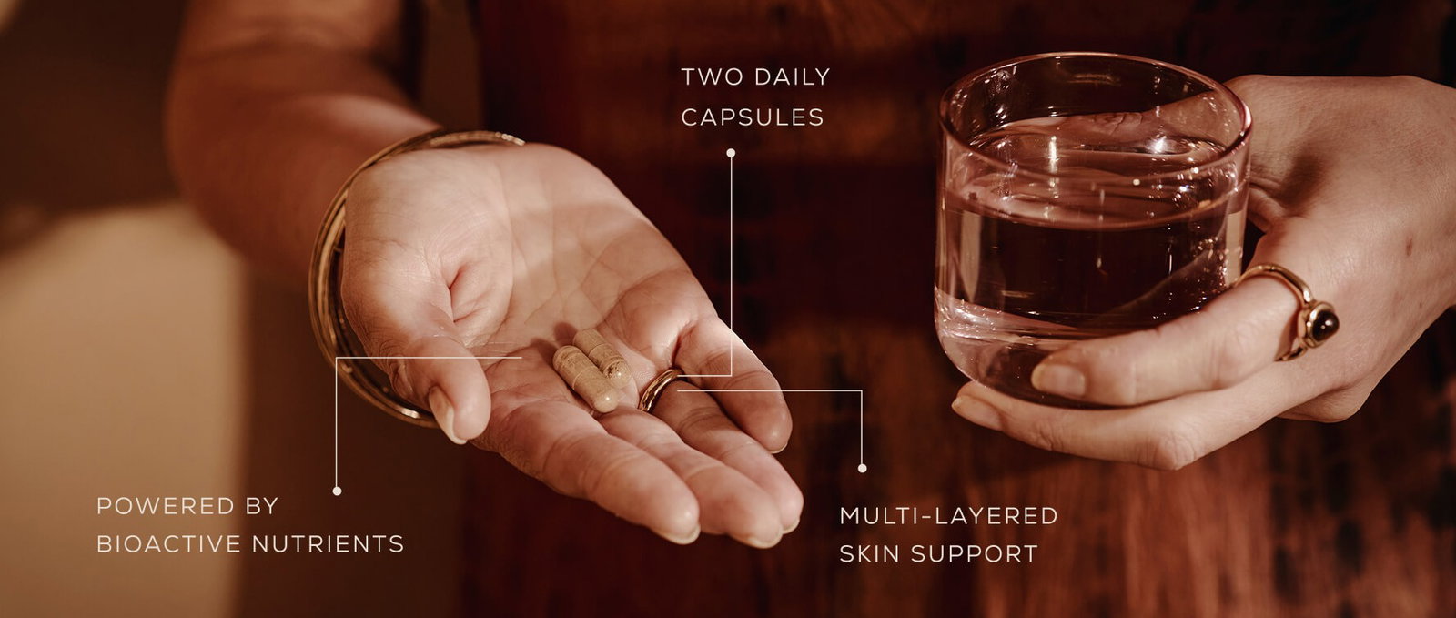 Annotated image of True Skin Alchemy capsules in a hand. "Two daily capsules. Powered by bioactive nutrients. Multi-layered skin support.